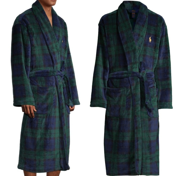 Polo Ralph Lauren Plaid Shawl Collar Blackwatch Tartan Plush Robe Size Small - Picture 2 of 12